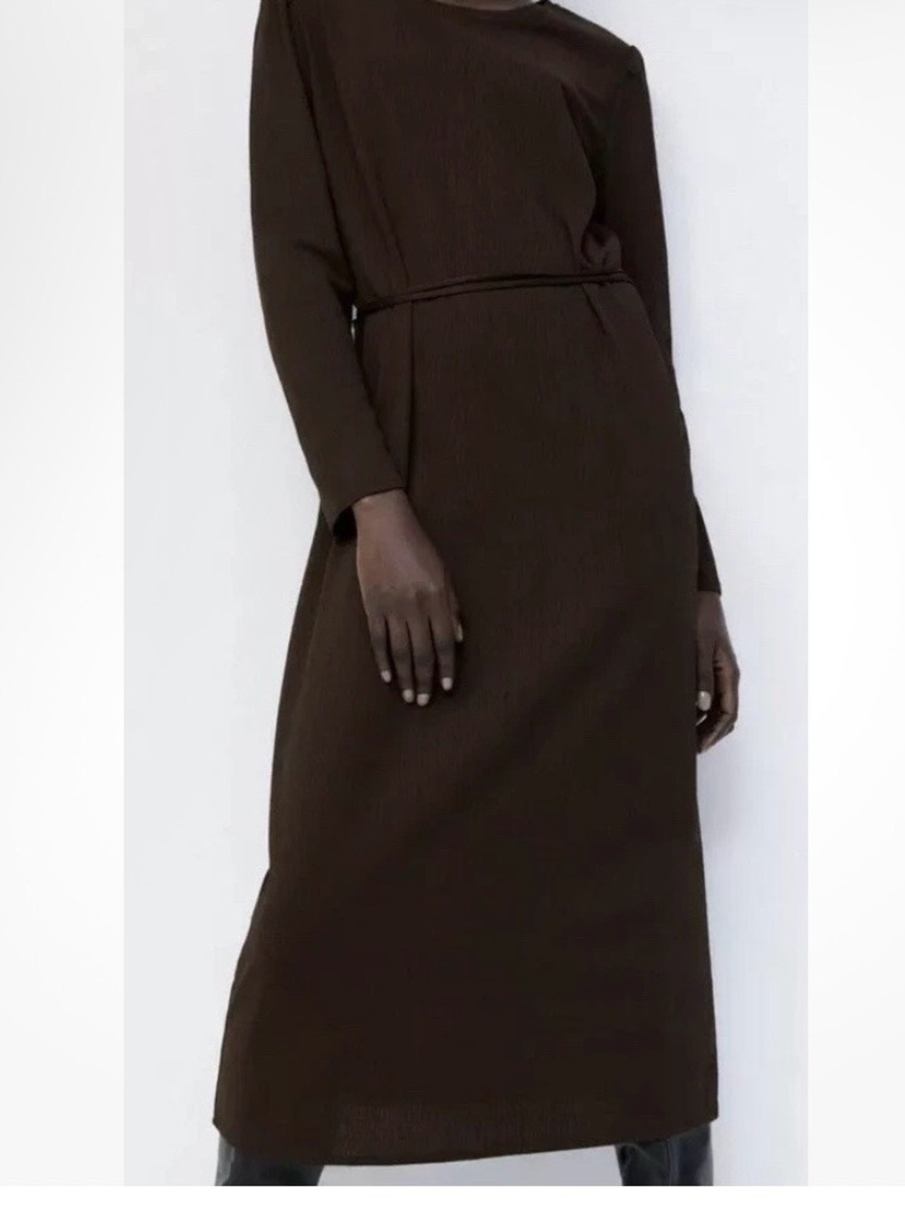 Zara Brown Long-Sleeve Midi Dress